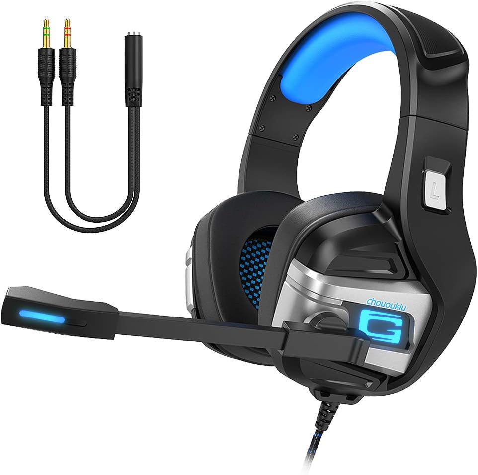Chououkiu Stereo Gaming Headset for PS4 Xbox One PC, Surround Sound Over-Ear Headphones with Noise Cancelling Mic, LED Lights, Volume Control for Laptop Mac Nintendo Switch Games