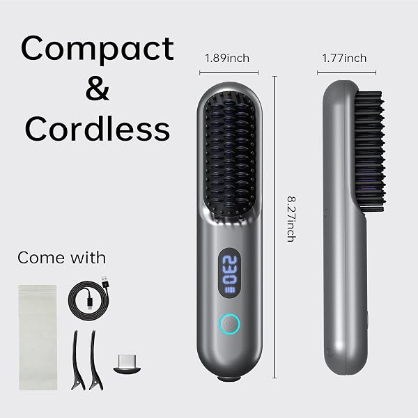 CORDLESS HAIR STRAIGHTENER BRUSH – PORTABLE STRAIGHTENER BRUSH WITH 9 TEMP SETTINGS, MINI STRAIGHTENING COMB FOR TRAVEL, 9600MAH RECHARGEABLE BATT & 224 MILLION NEGATIVE IONS (METALLIC GREY)