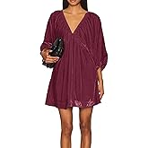 R.Vivimos Womens Fall Velvet Tunic Dress 2026 Trendy Sexy Deep V Neck 3/4 Sleeve Elastic Waist Loose Mini Dress with Pockets