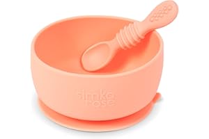 Simka Rose Baby Bowl and Spoon Set, Suction Bowls for Toddler, BPA-Free Silicone, Dishwasher and Microwave Safe (Peach)