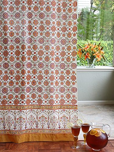 Red Sari Sheer Curtain Panel with Tieback, 100% Cotton Voile Burnt Orange Blossom Tab Top for Kitchen, Bedroom or Lounge Hand Block Printed 44 x 63 Inches