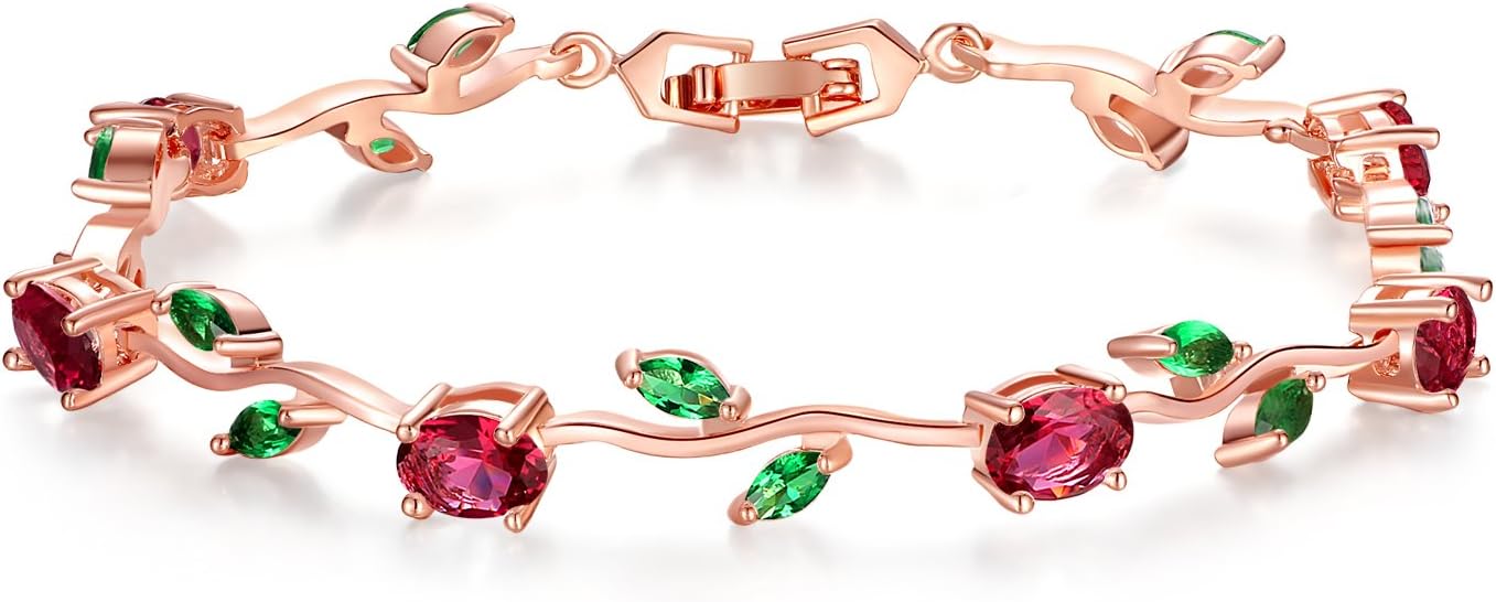 BISAER Lovely Rose Gold Plated Bracelet Rose Tennis Bracelet Link Bracelet AAA Cubic Zirconia Gemstone Flower Vine 7 Inches Bracelet for Mothers Girls Girlfriends
