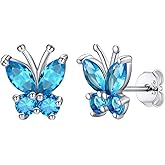 SILVERCUTE 925 Sterling Silver Butterfly Earrings for Women,Butterfly Birthstone Stud Earring/Ear Cuffs,Hypoallergenic Birthday Earrings for Women