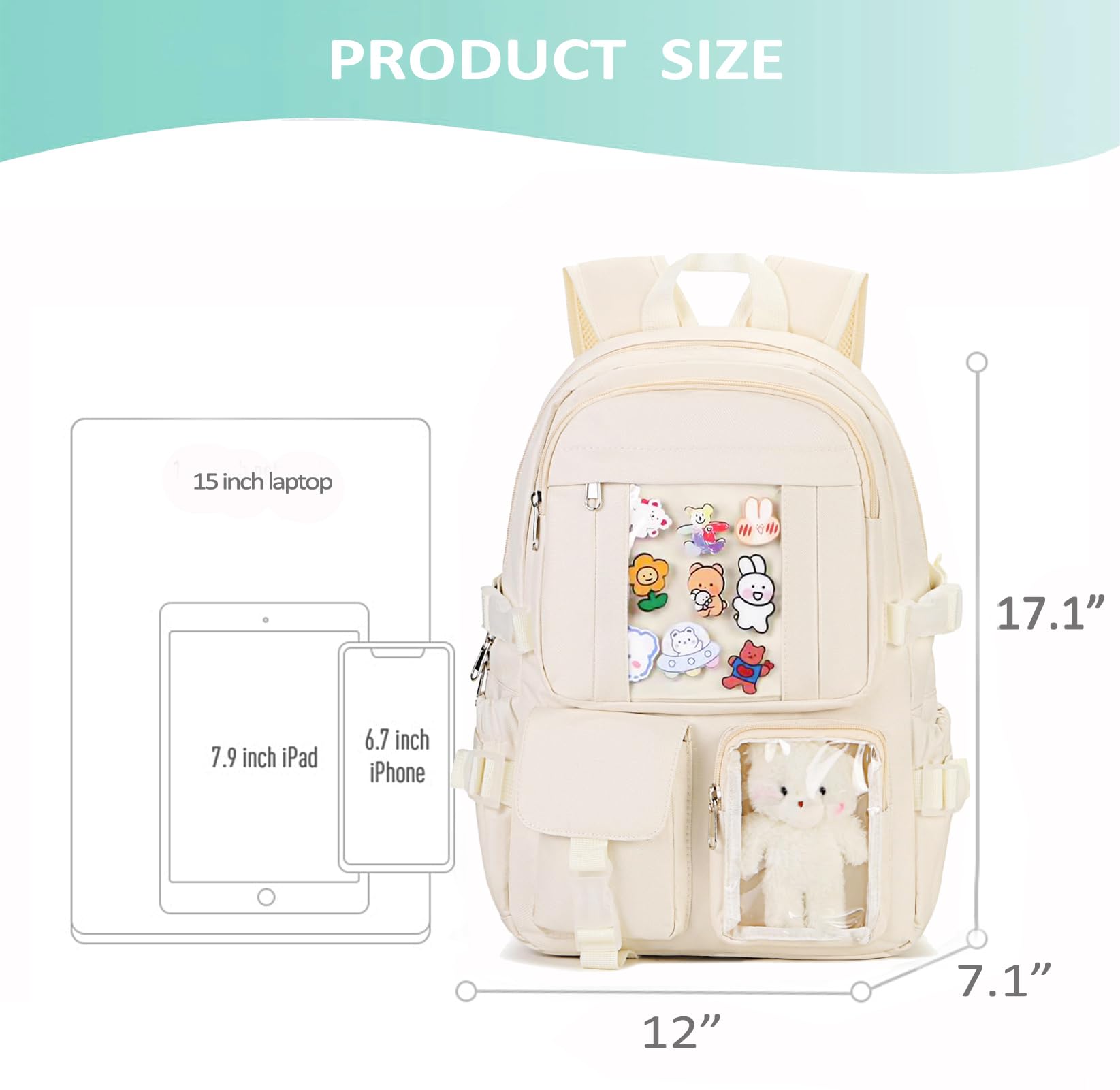 PRLINJSK Kawaii Backpack for Teen Girls, Cute Aesthetic High Middle School College Bookbag with Accessories, Beige