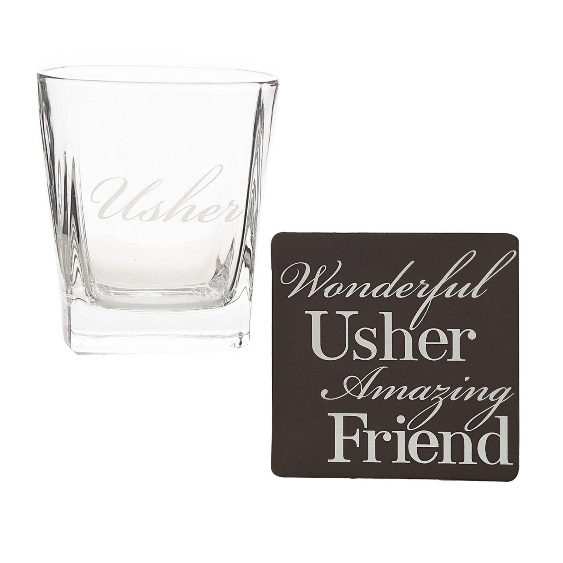 11oz Father of The Bride/Groom, Best Man, Usher or Groom Tumbler Whisky Glass and Coaster Set - Perfect Wedding Party Gifts (Usher)