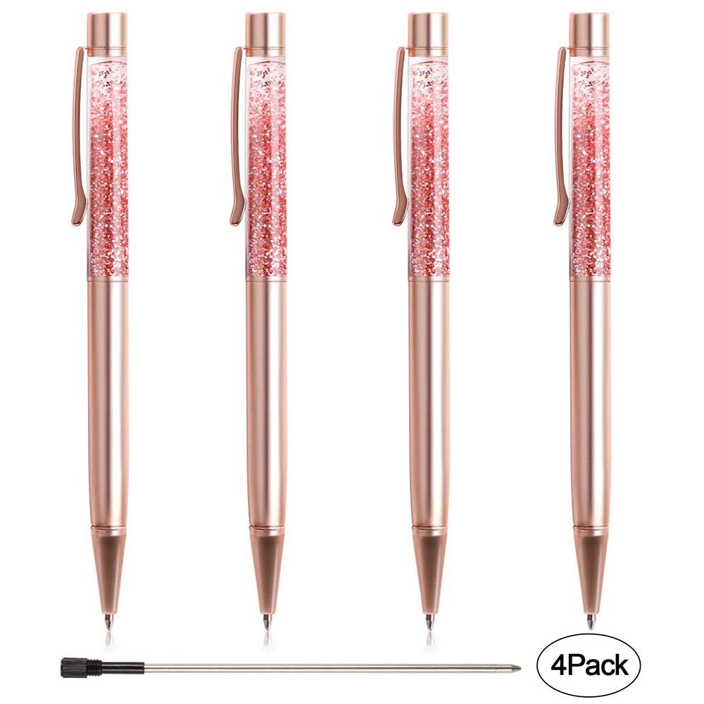 Ballpoint Pens, BYSOU 4 Pcs Rose Gold Metal Pen Refills Bling Dynamic Liquid Sand Pen Black Ink for Office Supplies