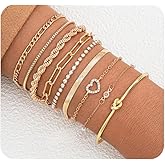 Stringex Layered Gold Crystal Heart Bracelets Set for Women Stackable Snake Bone Chain Bangles Adjustable Figaro Chain Bracelets Wedding Jewelry Gifts