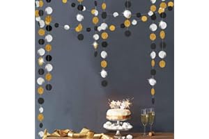 Decor365 Black Silver Gold Glitter Circle Garland Dots New Years Eve Decorations Hanging Party Streamers Banner Backdrop for NYE Birthday Graduation Anniversary Prom Party Decoration