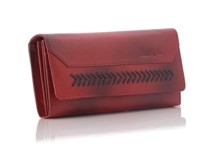GenWayne Leather Wallet for Women Ladies Purse Handbag Clutch Bags (Red Two Tone)