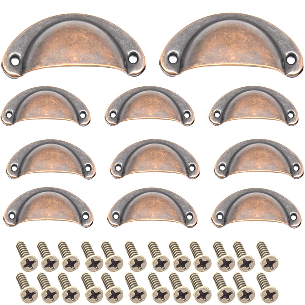 Ruidee 12 Picecs Shell Cup Handles Vintage Half Moon Drawer Pull Handle with Screws for Cabinet Cupboard Dresser Wardrobe Drawer (Red Bronze)