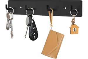 RELBRO Key Holder Wall Mount, Large Metal Self Adhesive Key Rack with 4 Hooks, 2 Installation Options, Black