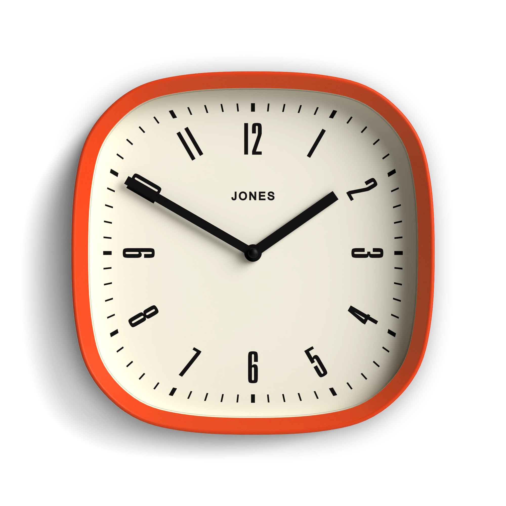 Jones Clocks® Marvel wall clock | Retro rounded square clock | 25cm | Orange | Cool designer look for kitchen, living room or office