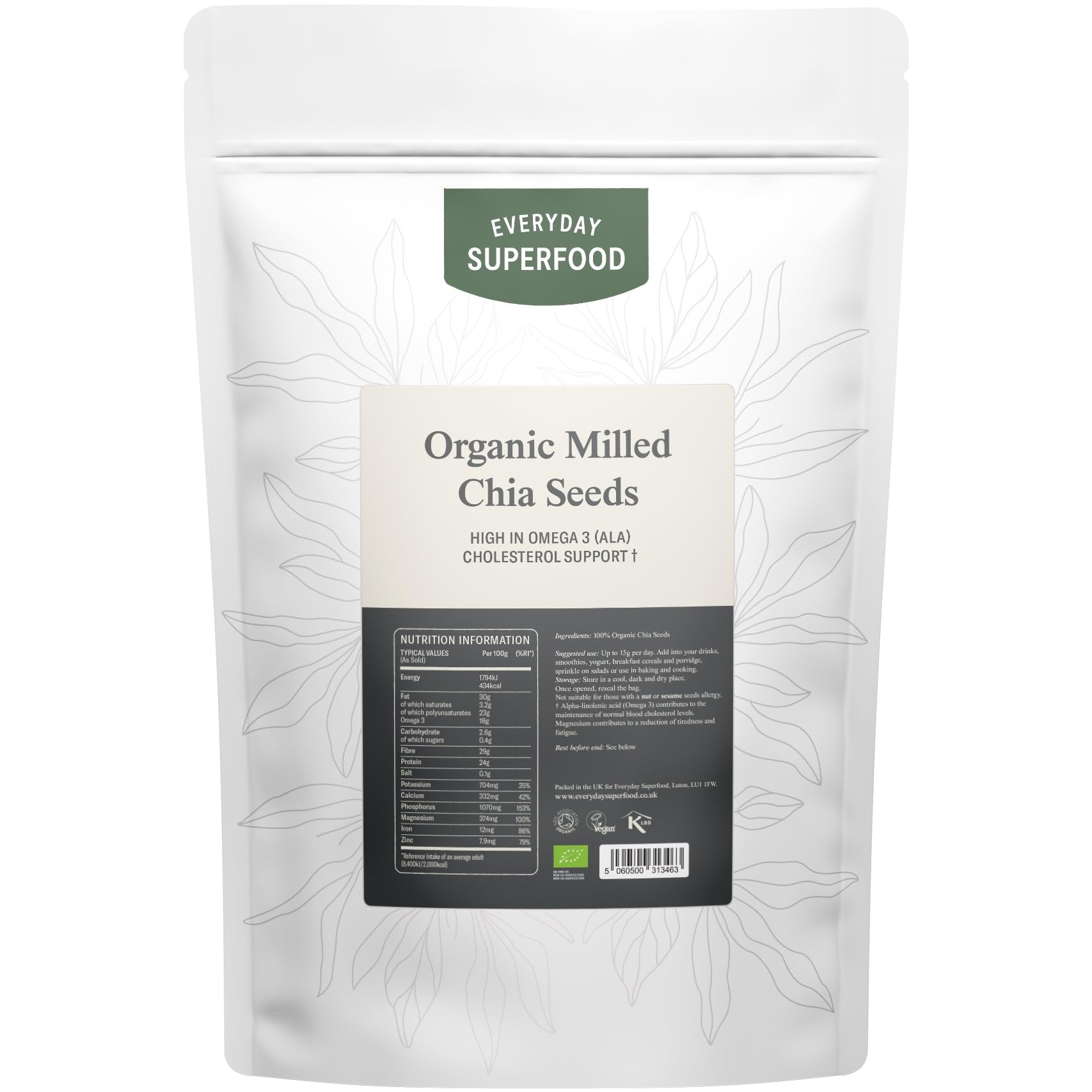 Everyday Superfood Organic Milled Chia Seeds 350g, Cold Ground Premium Chia Seed Powder
