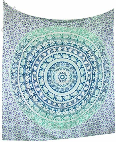 Amitus Exports(TM) Premium Quality 1 X Round Dome Elephant Ombre 90"x 80"(Approx.) Inches Teal Green Color Queen Size Cotton Fabric Tapestry Hippy Indian Mandala Throws (Handmade In India)