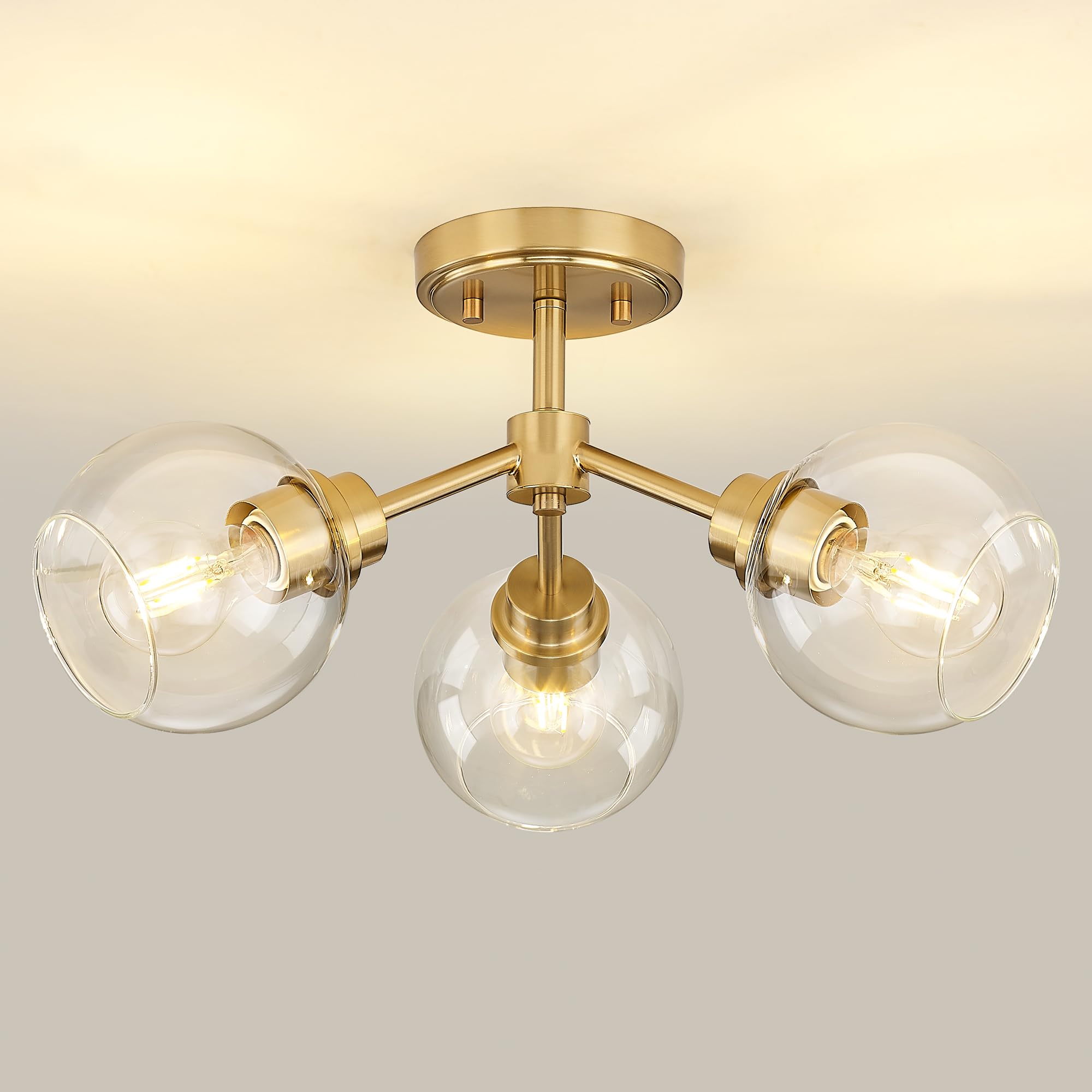 Photo 1 of METWET 3-Light Semi Flush Mount Ceiling Light, Modern Light Fixtures Ceiling Mount with Globe Clear Glass Shade, Brushed Gold Light Fixtures for Kitchen Entryway Hallway Bedroom, SM195-BG-3