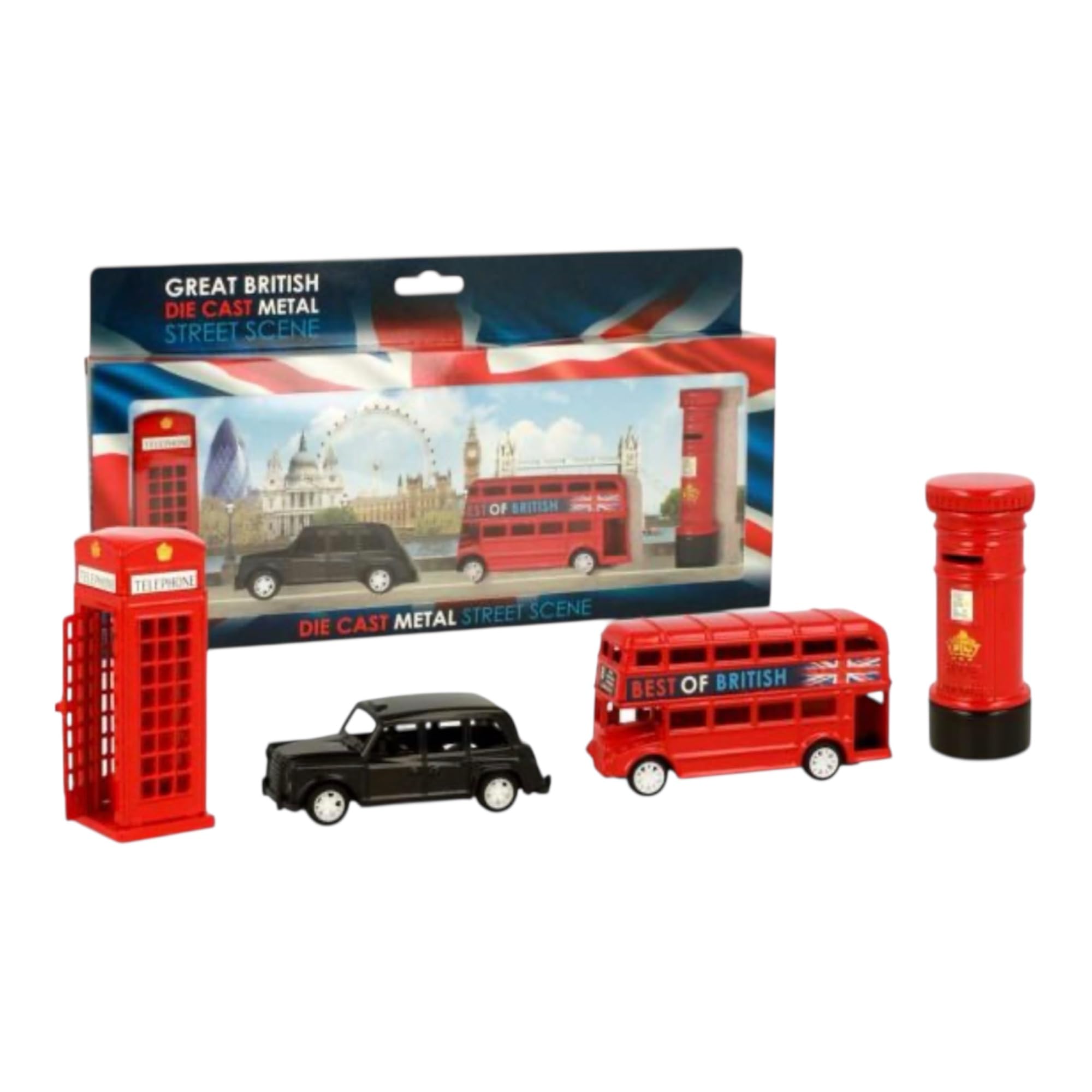 Elgate London Souvenir / Collectable Die Cast 8-9cm length Model Set Containing Bus, Taxi, Telephone Box and Post Box