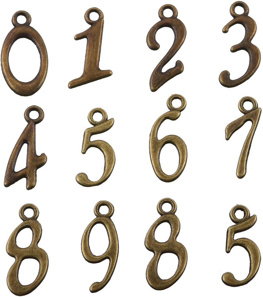 100pcs Vintage Antique Bronze Alloy 0-9 Figures Numbers Charms Pendant Jewelry Findings for Jewelry Making Necklace Bracelet DIY 20x8mm (100pcs bronze figure)