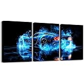 Erosebridal Teal Race Car Wall Art for Boys Kids,Navy Blue Fire Racing Cars Canvas Wall Art Set of 3 for Teens,Cool Speed Race Sports Car Decor,Royal Blue Carro Para Niños Poster Prints,12x16