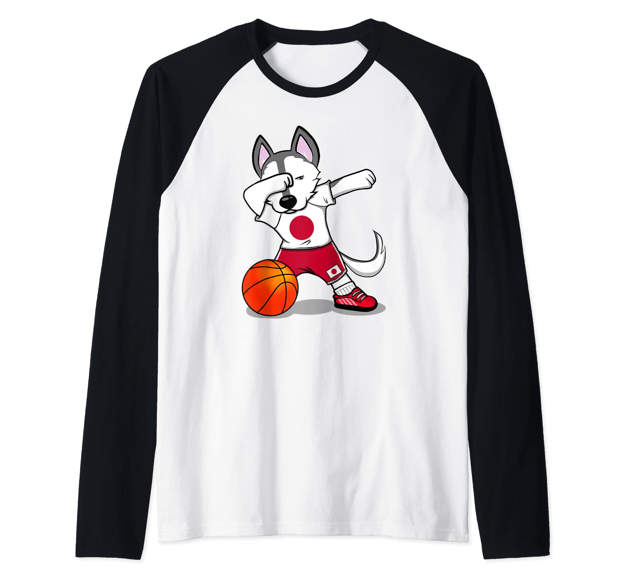 Dabbing Husky Japan Basketball Fans Jersey - Japanese Flag Raglan Baseball Tee