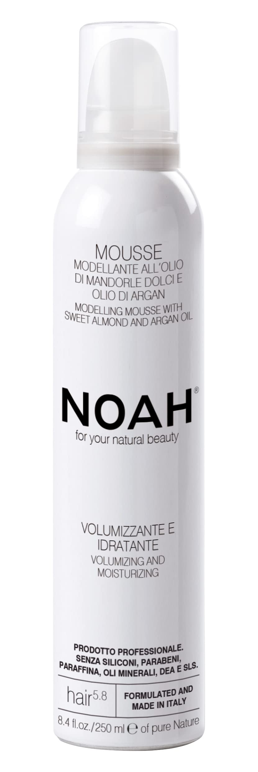 NOAH Hair 5.8 Volumizing & Moisturizing Hair Styling Mousse – Strong Hold, Anti-Frizz & Heat Protection – With Sweet Almond & Argan Oils – For Fine & Curly Hair – Silicone-Free, Paraben-Free, 250ml