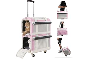 THEYFIRST Double Cat Carrier for 2 Cats with Wheels, 3-in-1 Pet Stroller Removable Carrier Trolley Bags Small Dogs Puppy, Large Pet Rolling Carriers Sof for Travel Trip Backpack Outdoor Portable, Pink