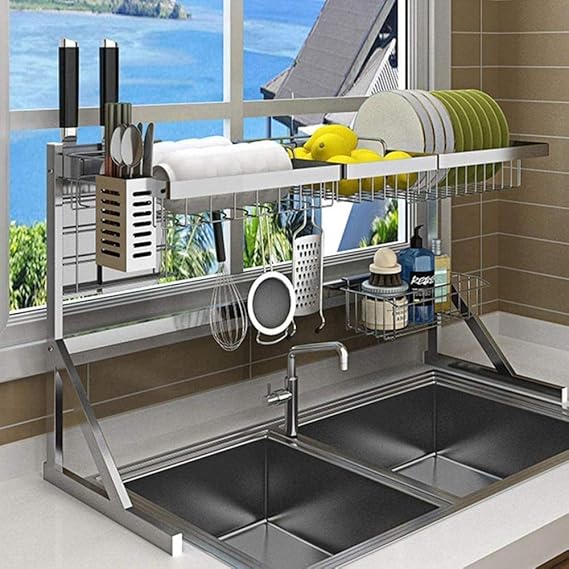 Escurrir bastidor del fregadero de cocina, doble ranura metálica de