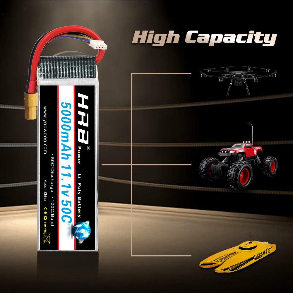 HRB 11.1V 5000mAh 3S 50C-100C LiPo Battery Pack with XT60 Plug for RC Car Boat Quadcopter Heli Airplane Drone Racing Quad Copters RC Evader BX Truggy Hobby Traxxas Slash (XT60) - Image 3