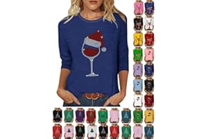Womens Merry Christmas Tree Reindeer Wine Glass Print Tshirt Size S-XXL Christmas Crewneck Pullover Tops Xmas Shirts