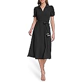 DKNY Womens Short Sleeve Tie Fit & Flare Midi Dress