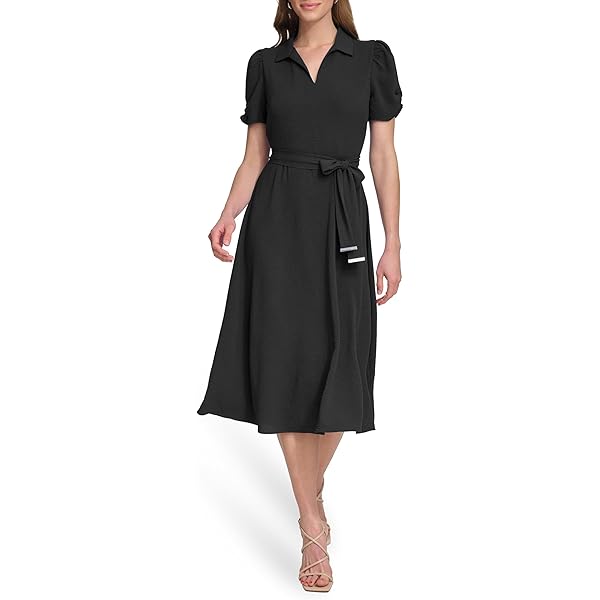 DKNY Women's Short Sleeve Button Front Fit & Flare Midi