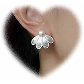 Eviarli Boho Flower Pearl Earrings Silver Flower Earrings Petal Studs Earrings Trendy Flower Earrings Bridal Wedding Earrings Jewelry for Women