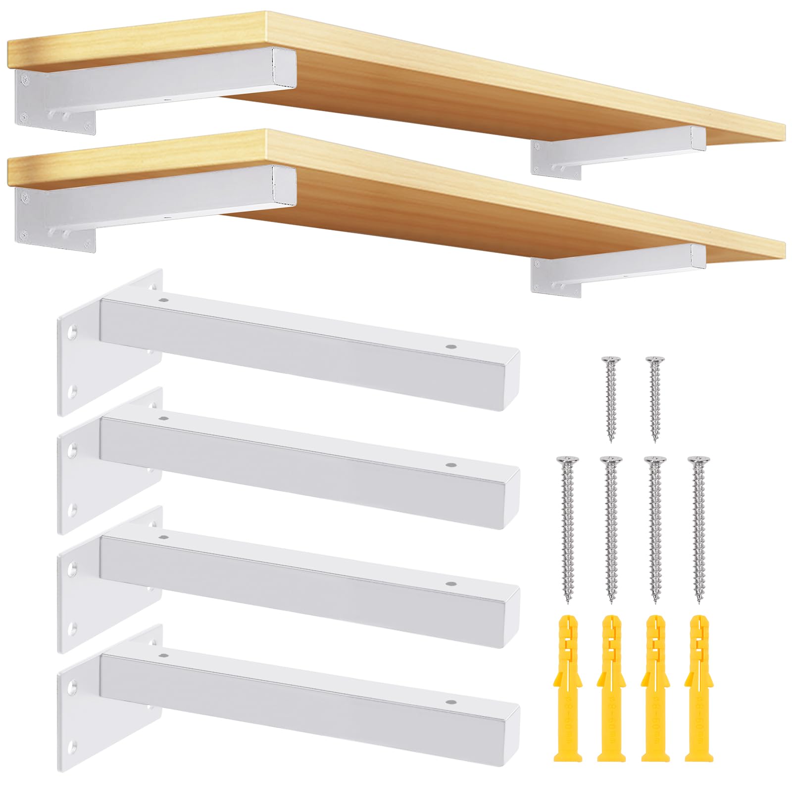 Tanstic 4 Pack 8 Inch Shelf Brackets, Heavy Duty Metal Wall Mounted Floating Shelf Bracket, Industrial Shelf Support Decorative Shelving Brackets with Screws for Shelves Support (White)