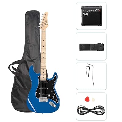 GLARRY Full Size Electric Guitar for Music Lover Beginner with 20W Amp and Accessories Pack Guitar Bag (BLUE, 39" Right Handed)