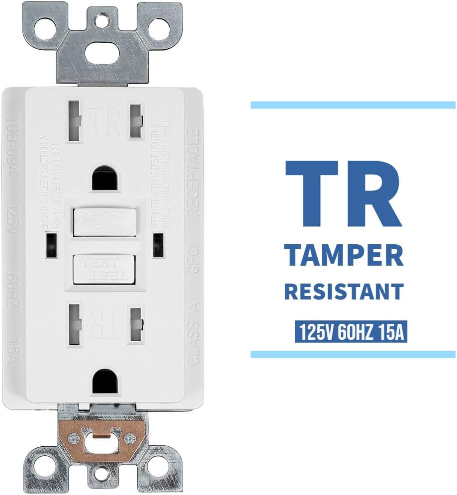 1 Pack - GFCI Duplex Outlet Receptacle - Tamper Resistant 15-Amp/125-Volt, Self-Test Function with LED Indicator - UL Listed, cUL Listed - Wall Plate and Screws Included, White - - 