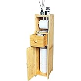Bamboo Free Standing Toilet Paper Holder with Storage Drawer & Shelf, Slim Narrow Cabinet for Small Bathroom, Wipes Storage(Natural)