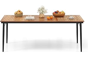 Tangkula Outdoor Dining Table for 8, 79 Inch Acacia Wood Patio Table with 1.9” Umbrella Hole, Metal Frame & Anti Slip Foot Pads, Indoor Bistro Table for Poolside, Garden & Deck