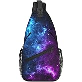 QISENTIS Galaxy Sling Bag for Women Crossbody Bag Blue and Purple Galaxy with a Planet and a Moon Space Background Sling Backpack for Men Universe Theme Shoulder Bag Sports Travel Hiking Daypack