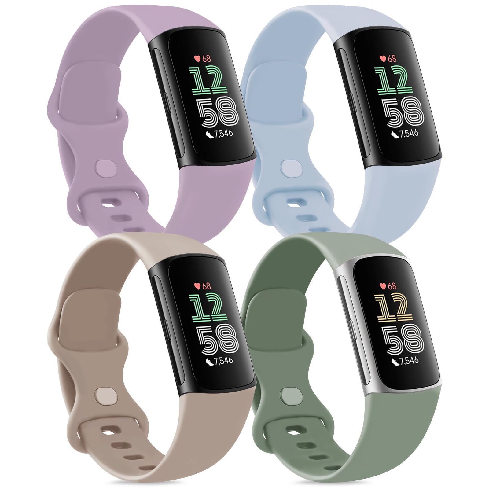 Oumida Pack 4 Compatible with Fitbit Charge 6/5 Silicone Adjustable Straps for Women Men (S, Pack F)