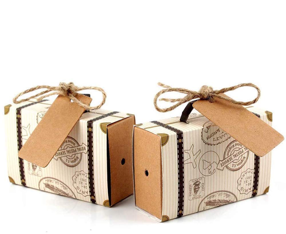 Killow 100pcs Mini Suitcase Favor Box Party Favor Candy Box, Wedding Favours Party Boxes, Vintage Kraft Paper with Tags and Burlap Twine for Wedding, Birthday, Christening