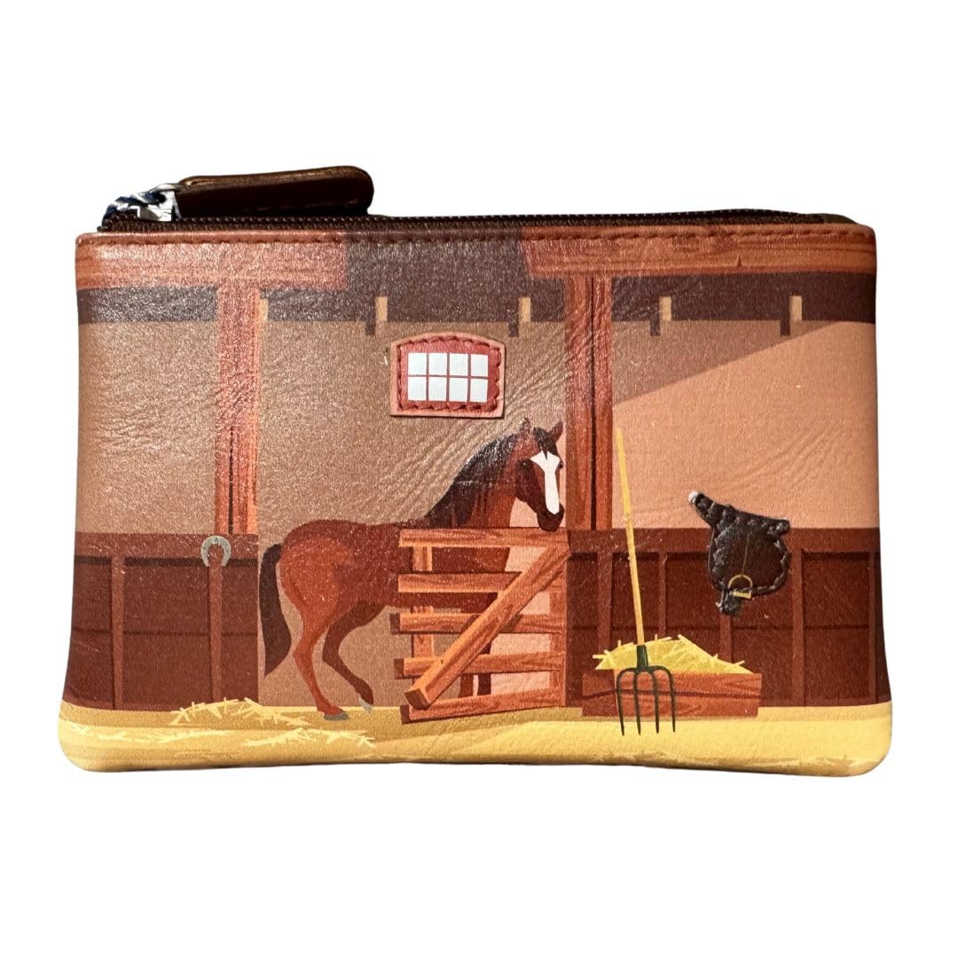 Premium Leather Horse in Stable Coin Purse by Mala Leather – Genuine Soft Leather, 'Horse in Stable' Printed & Appliqué Design, Compact & Stylish