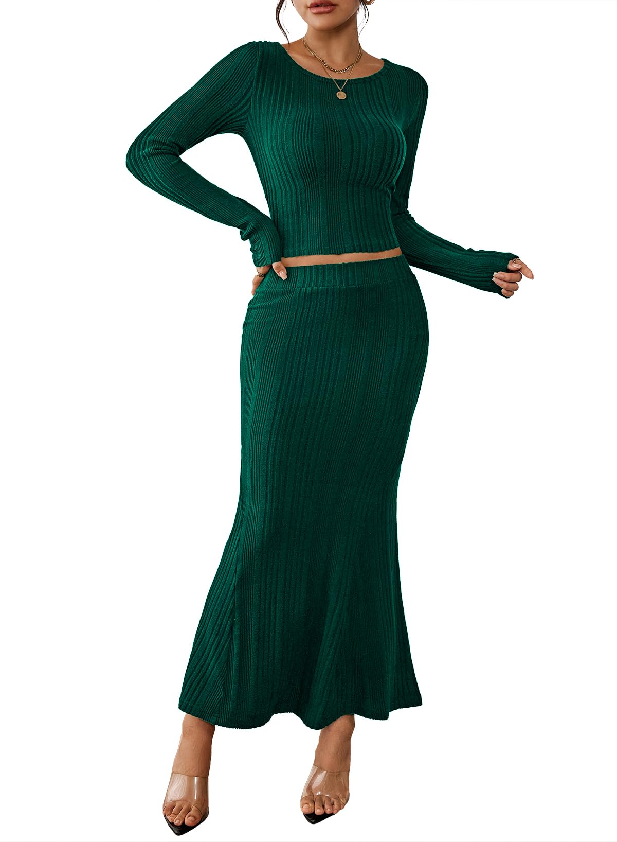 Photo 1 of HUUSA Women 2 Piece Outfits Long Sleeve Crop Top Bodycon Skirt Knit Sweater Dress Set Blackish Green M