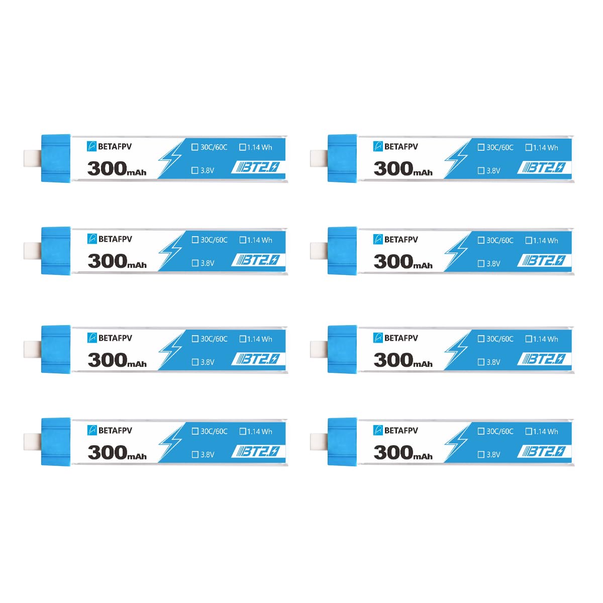 BETAFPV 8pcs BT2.0 300mAh 1S Lipo Battery 3.8V 30C/60C 1.14Wh RC Lipo with 1.0mm Banana Connector for 1S FPV Tiny Whoop Drone Quadcopters like Cetus, Meteor65 Whoop Drone