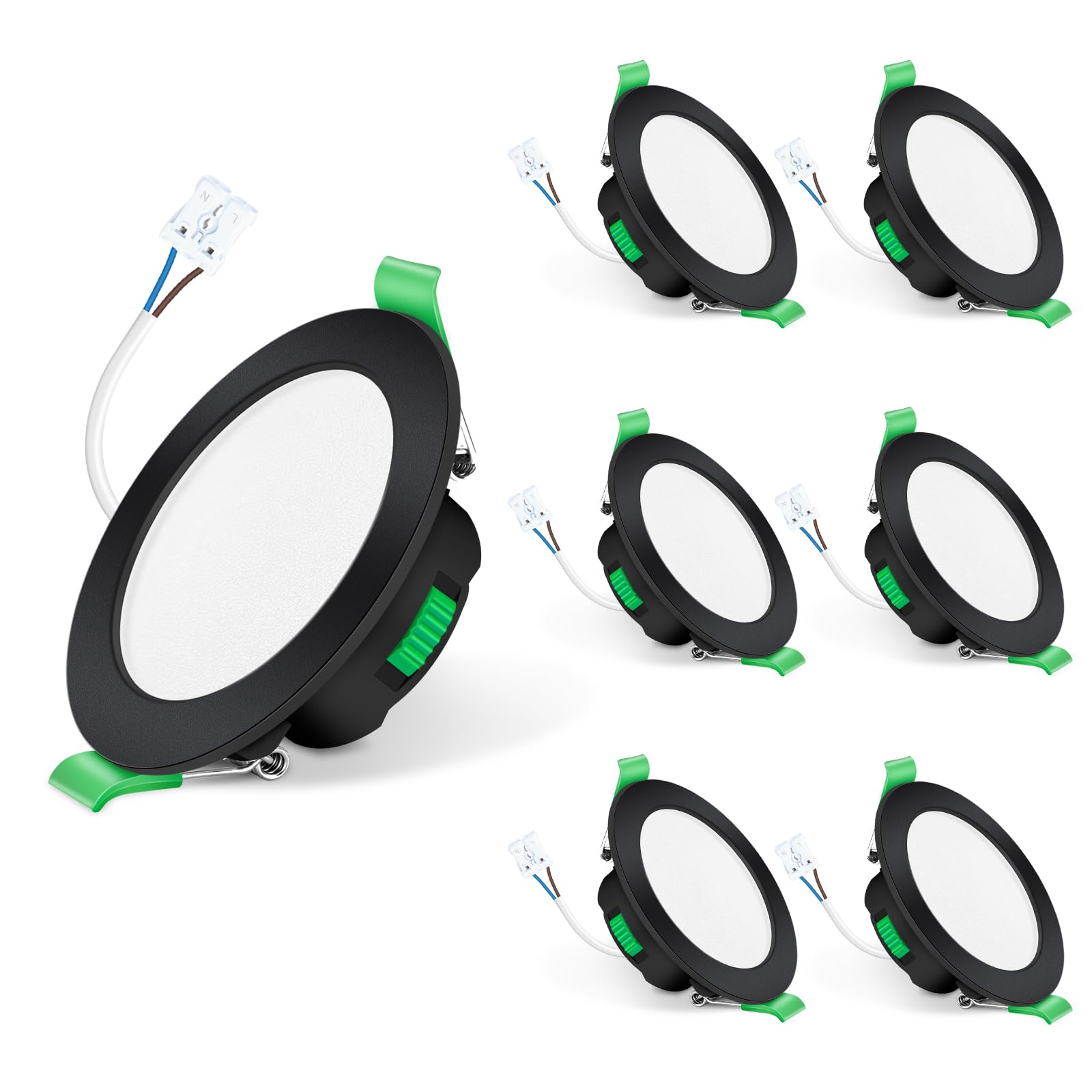 ALUSSO Black LED Downlights Ceiling Dimmable 7W Slim LED Recessed Ceiling Lights IP65 Bathroom Spotlights Ceiling Lights, 3000K Warm 4000K Neutral 6500K Cool Adjustable Spot Lights, 6 Pack