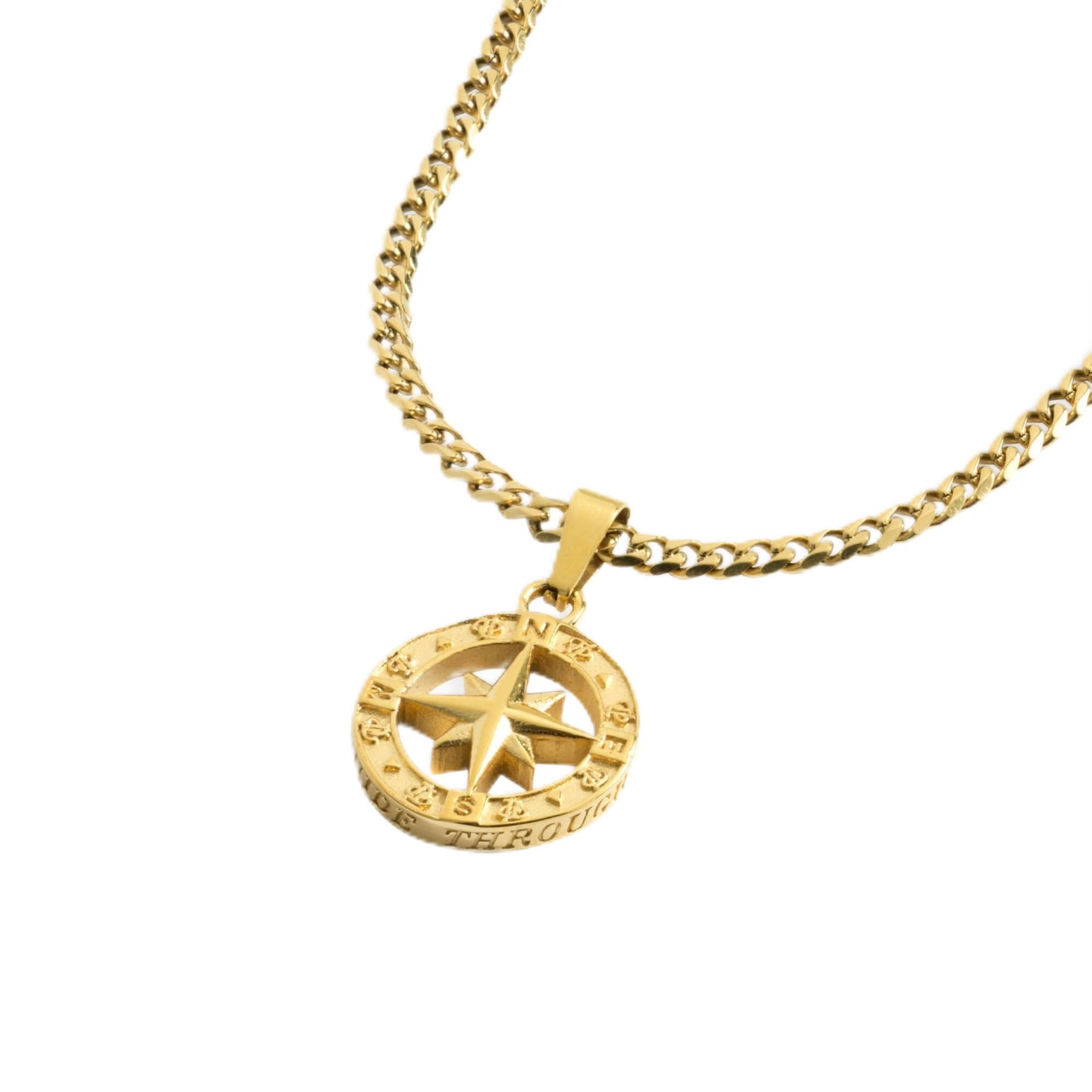 TWISTED PENDANT® Men’s Gold Compass Necklace - 18K PVD North Star Pendant on 3mm Cuban Chain (20”) - Waterproof Stainless Steel, Hypoallergenic, Gift Ready Men’s Jewellery