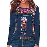 Melliflo Long Sleeve Mexican Shirts for Women Floral Embroidered Peasant Blouse Ethnic Style Boho T-Shirts