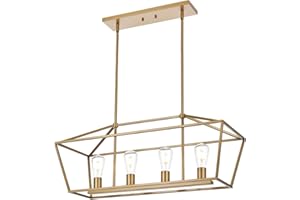 BONLICHT Modern 4 Light Farmhouse Chandelier Gold Linear Kitchen Island Pendant Light Traditional Rectangular Dining Room Lighting Fixture Hanging Metal Cage Pendant Lamp for Hallway Foyer