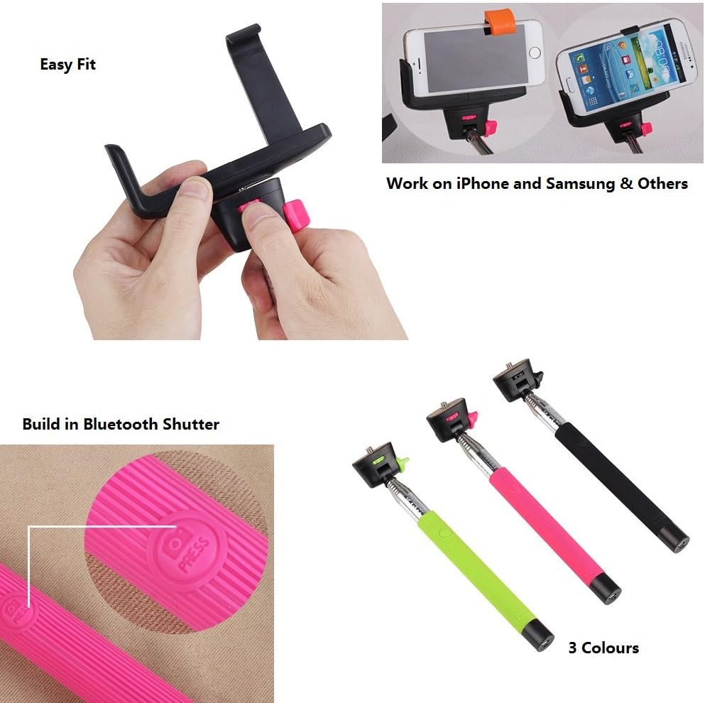 Crazyprofit Pink Bluetooth Selfie Stick Extendable Telescopic Handheld Self Portrait Monopod / Extender + Universal Smartphones Holder/Clip for Digital Camera iPhone 4 4S 5 5S 5C 6 6G 6S Samsung Galaxy S3 i9300 S4 i9500 S5 Galaxy Note 2 N7100 Note 3 N9100 Sony Z1 Z2 Z3 Htc one M8 M7 Max Google 5 HTC EVO 4G HTC EVO 4G SAMSUNG S5570 HTC A3366 Wildfire Motorola ME511 Motorola XT301 Galaxy P1000 Motorola XT702 Motorola XT711 Motorola ME722 Motorola XT800 Motorola ME811 (Droid X) Motorola ME525 Motorola XT800 GALAXY S5 G9006V/16GB N9006 Lumia 1520 Lumia 1020 （EOS/32GB）LG G3 G2 HTC Desire 816w (Pink)