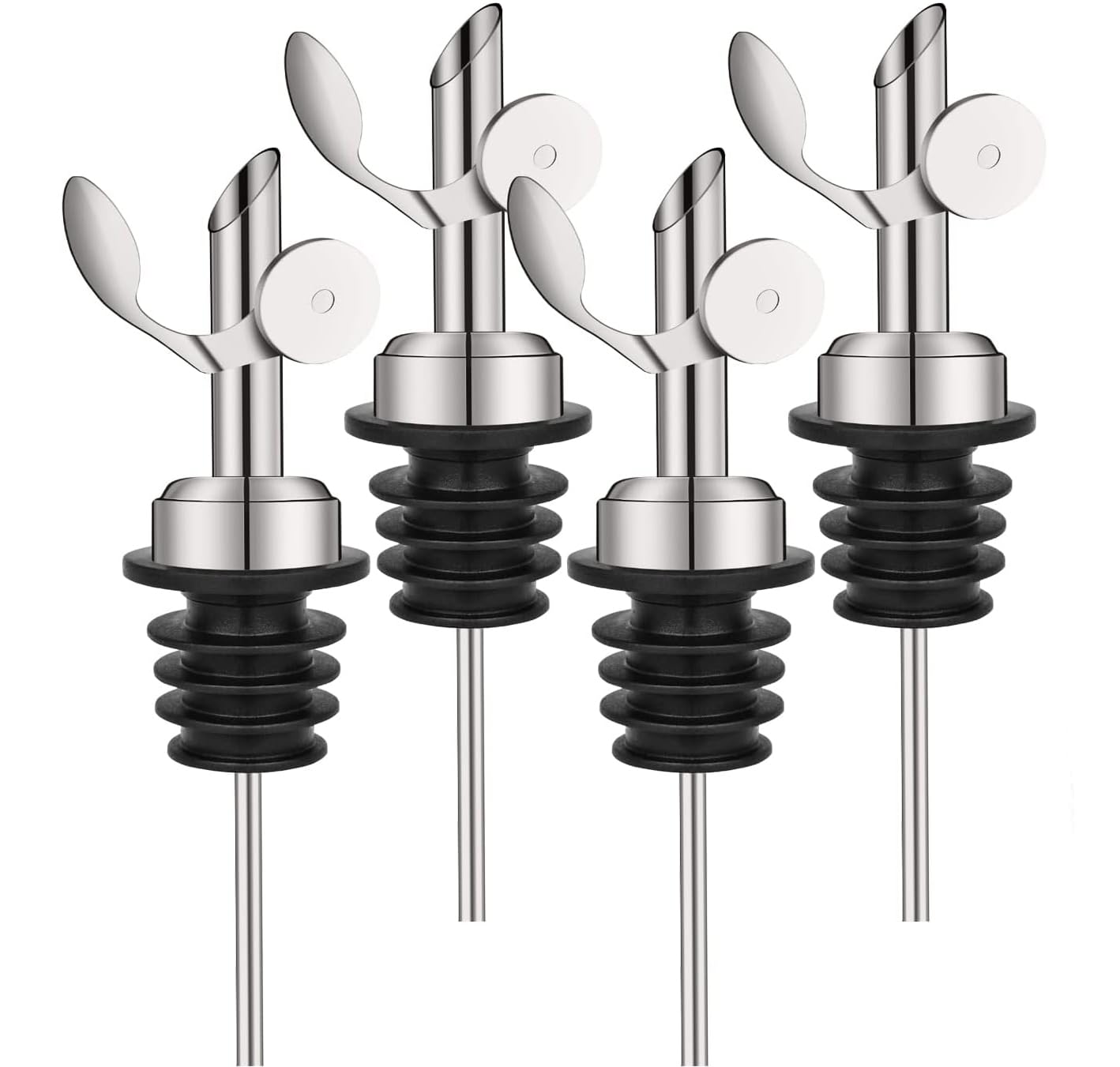 WAFJAMF 4 Pcs Weighted Stainless Steel Bottle Pourers, Self Closing Olive Oil Dispenser Spout, Auto Flip Feature Liquor Pour Spouts for Pours Liquid, Olive Oil, Wine, Vinegar（Silver）