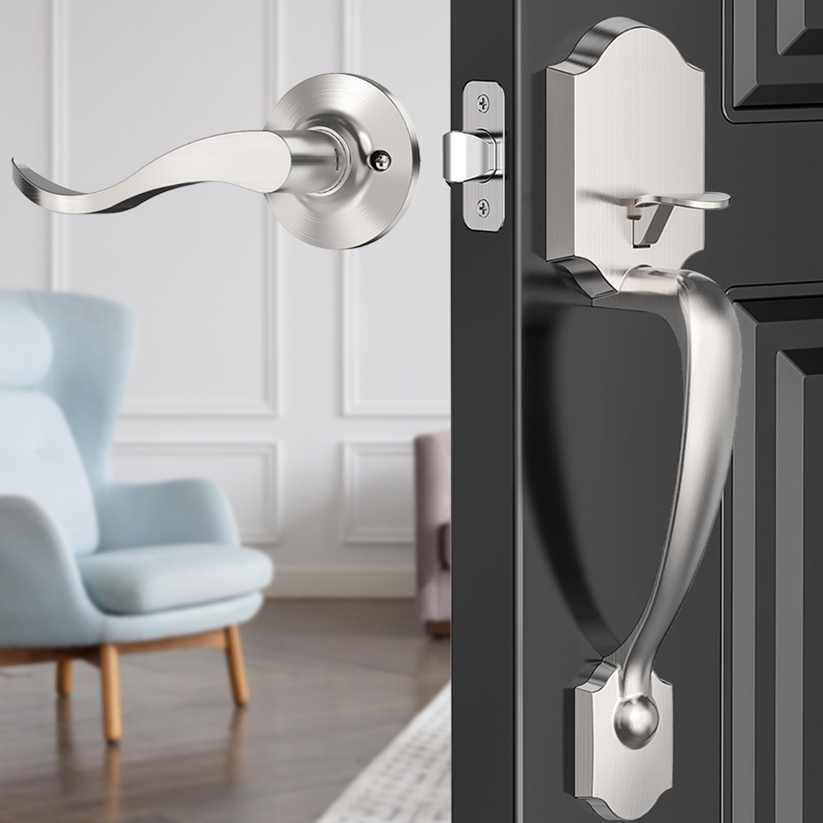 Photo 1 of MAXECURITY Exterior Door Handle with Classic Reversible Lever - Silver Finish for Right or Left Handed Doors - No Lock - Satin Nickel