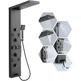 ROVATE 6 in 1 Rainfall Waterfall Shower Panel Tower System Matte Black | High Pressure Stainless Steel Shower Column with 8 Body Jets, Flexible Handheld, Tub Spout